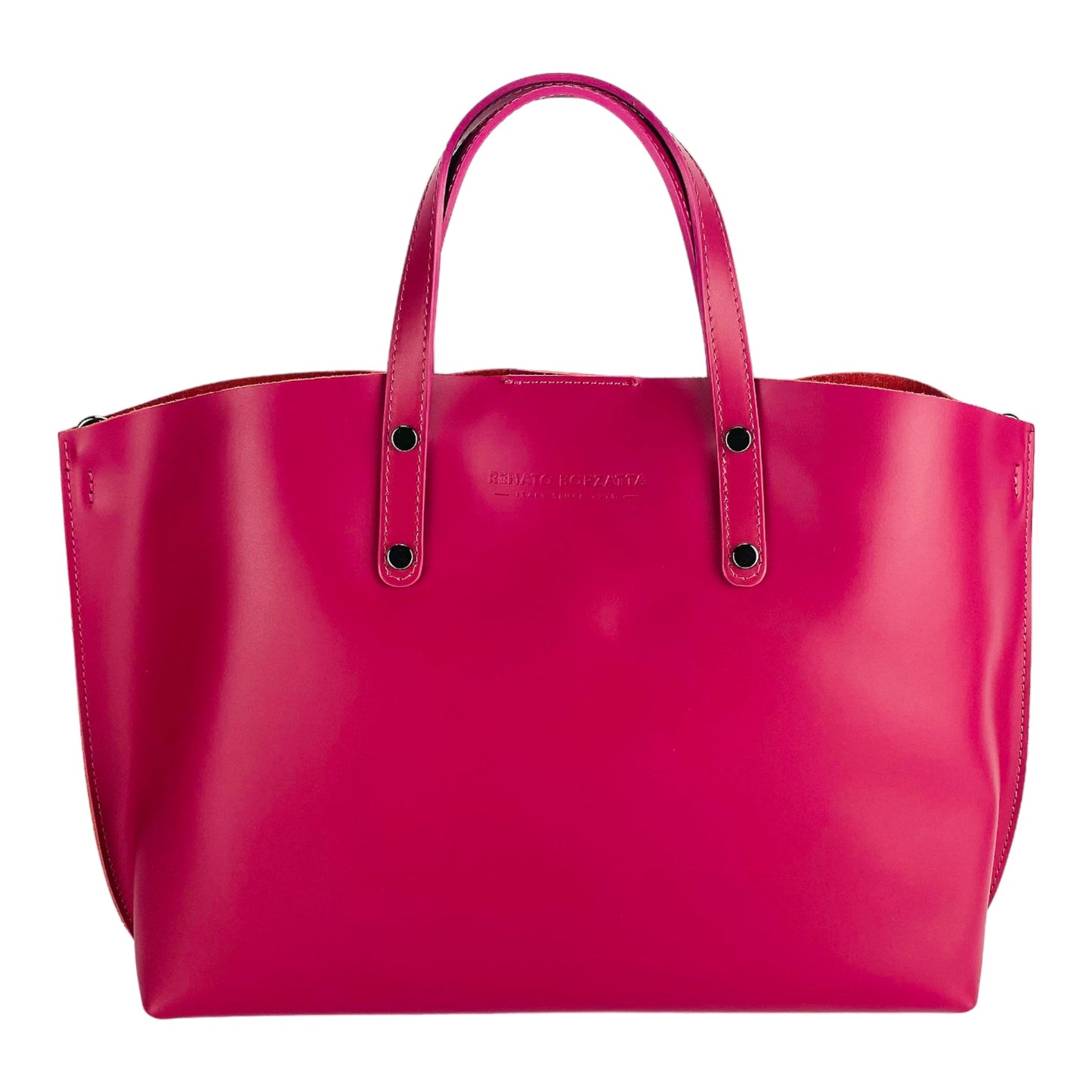 RB1024BE | Borsa Donna a Mano in Vera Pelle Made in Italy con tracolla removibile. Sacca grande interna estraibile. Accessori Canna di Fucile Lucido - Colore Fuxia - Dimensioni: cm 48x31x11-1