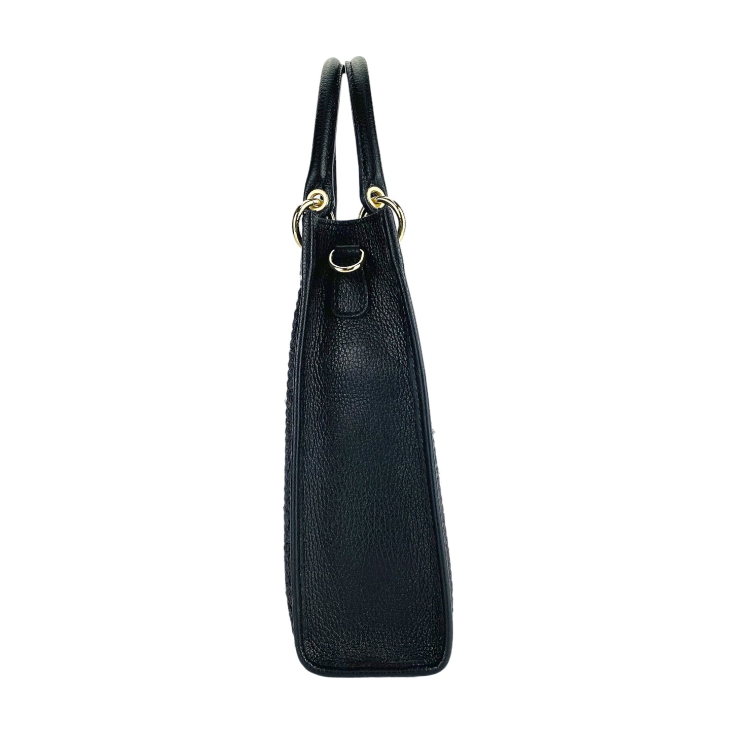 RB1026A | Borsa Donna a mano verticale in Vera Pelle e Paglia Made in Italy. Tracolla removibile e regolabile in pelle. Accessori Oro Lucido - Colore Nero - Dimensioni: cm 24 x 29 x 9-3