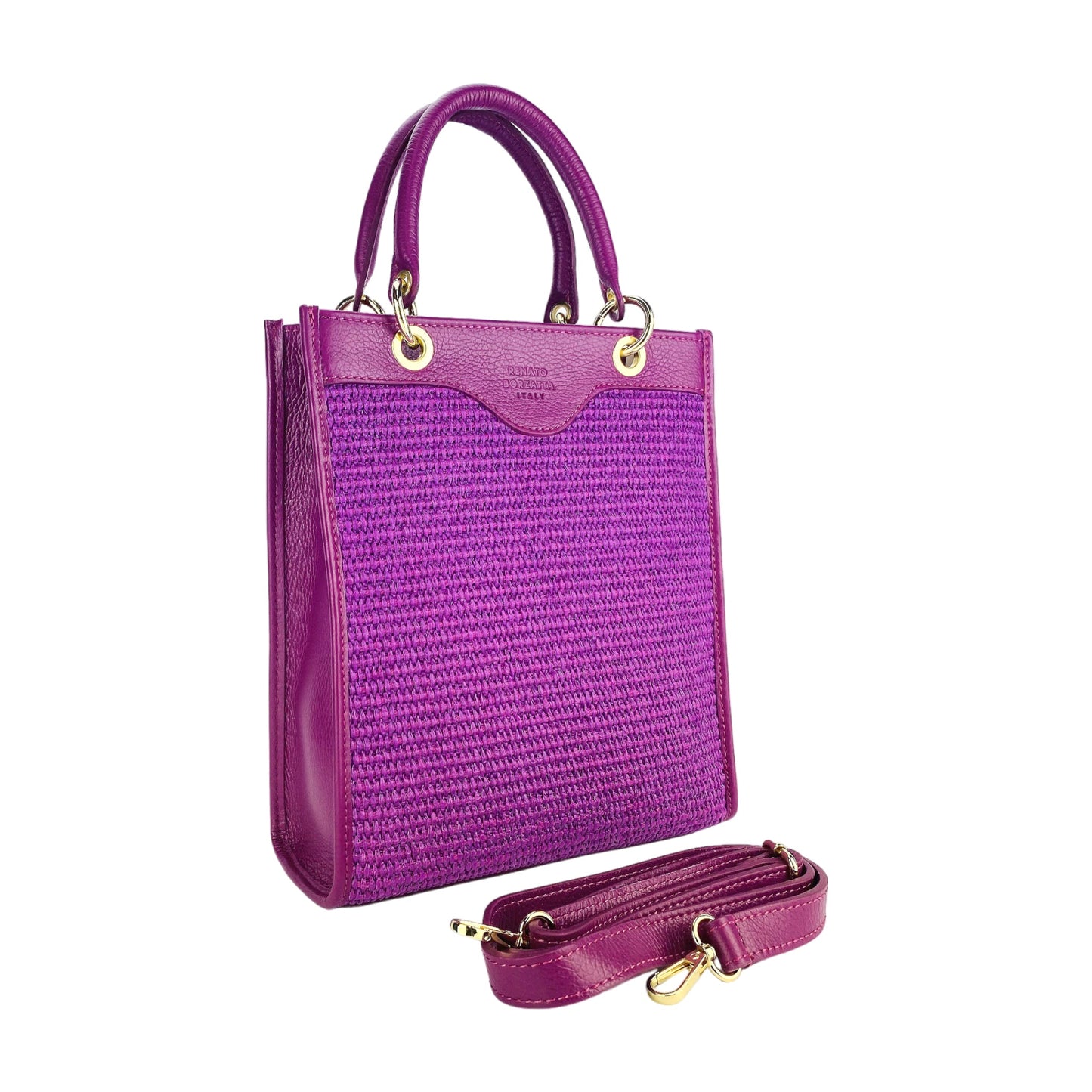 RB1026CN | Borsa Donna a mano verticale in Vera Pelle e Paglia Made in Italy. Tracolla removibile e regolabile in pelle. Accessori Oro Lucido - Colore Lampone - Dimensioni: cm 24 x 29 x 9-2