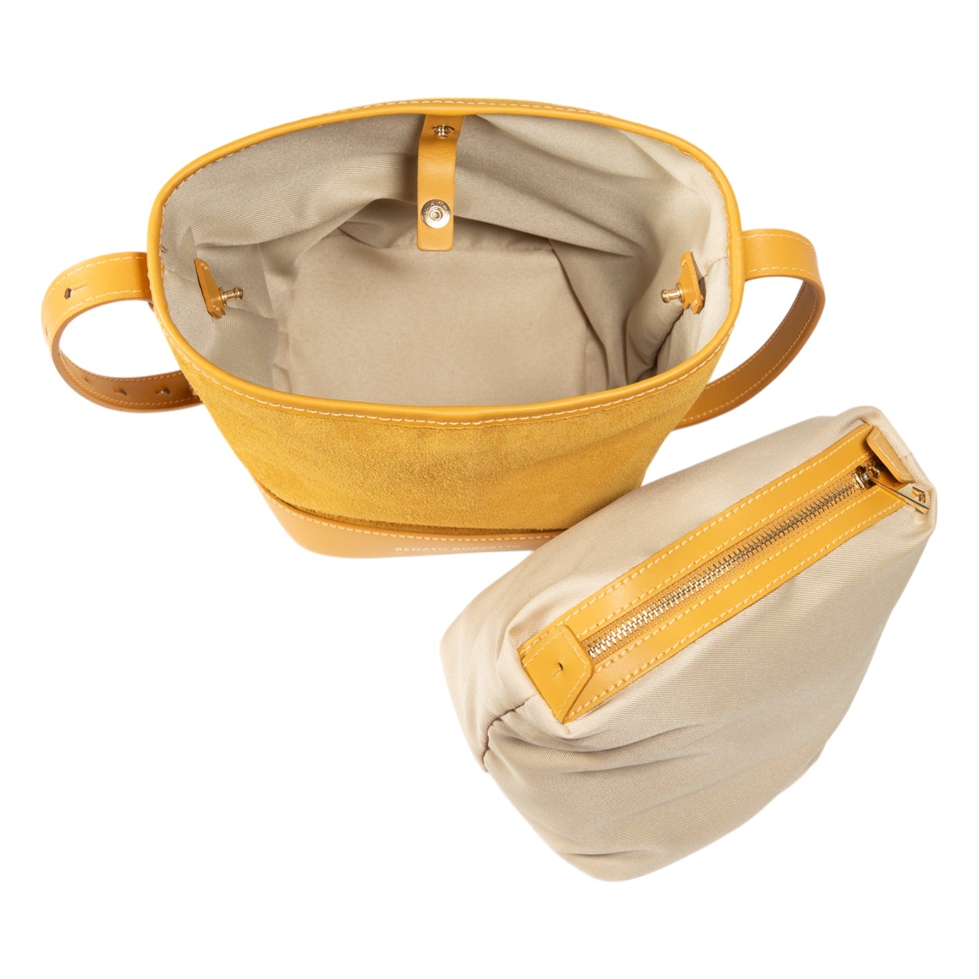 RB1031AR | Borsa Donna a Secchiello BRENDA in Vera Pelle Made in Italy. Accessori in metallo Oro Lucido - Colore Senape - Dimensioni: cm 25 x 23,5 x 17-4