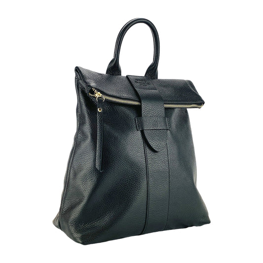 RB1021A | Zaino Donna Morbido in Vera Pelle Made in Italy con Spallacci regolabili. Chiusura lampo e Accessori in metallo Oro Lucido - Colore Nero - Dimensioni: cm 30 x 34 x 10,5-0