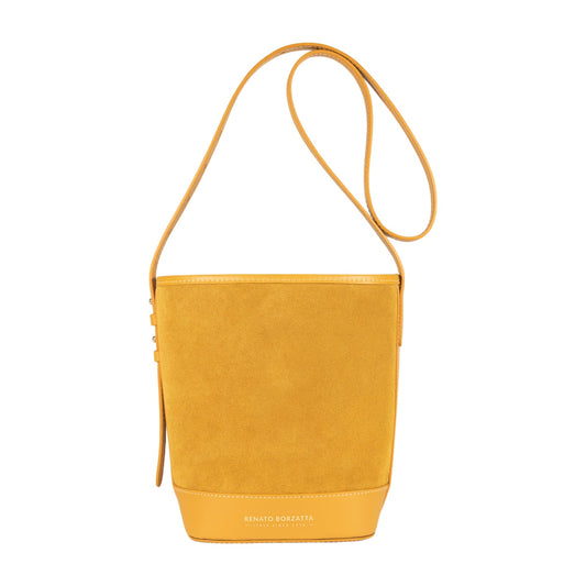 RB1031AR  | Borsa Donna a Secchiello BRENDA in Vera Pelle Made in Italy. Accessori in metallo Oro Lucido - Colore Senape - Dimensioni: cm 25 x 23,5 x 17-0